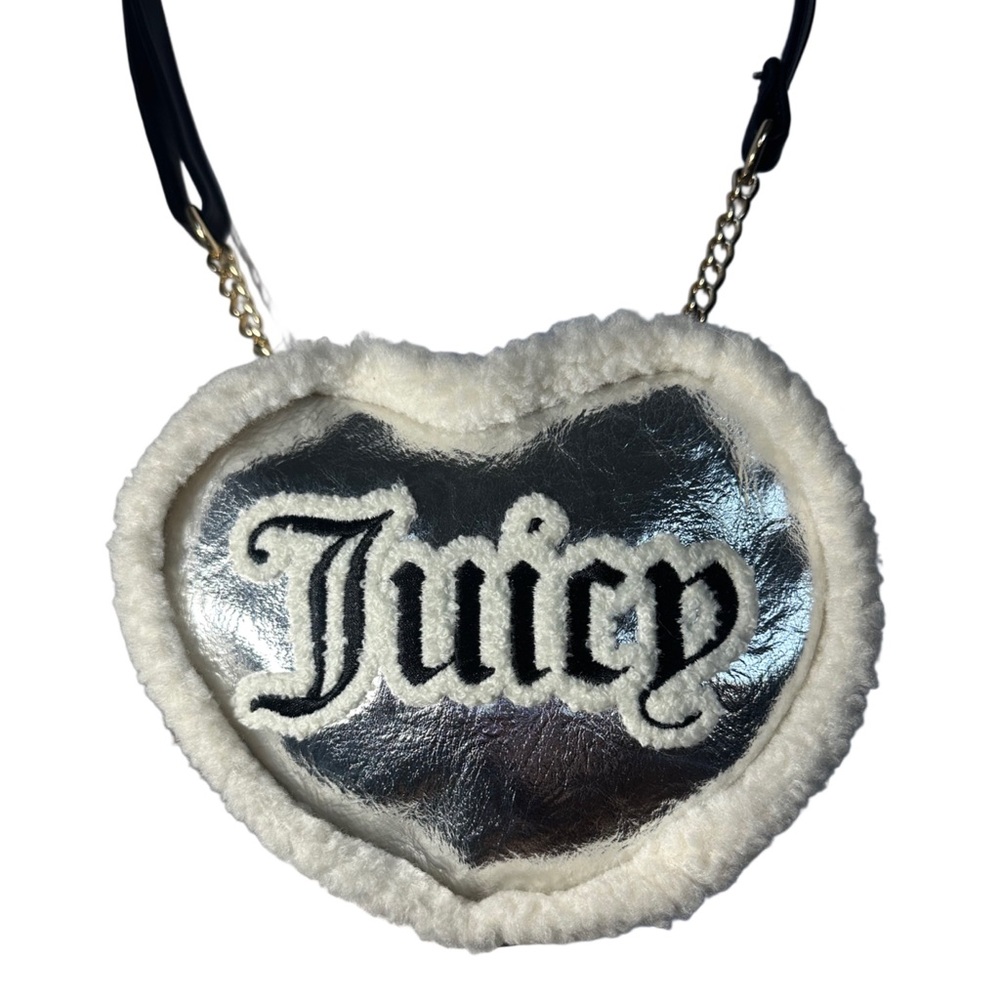 Juicy Couture Silver Heart Crossbody Bag with Fur Trim NWT